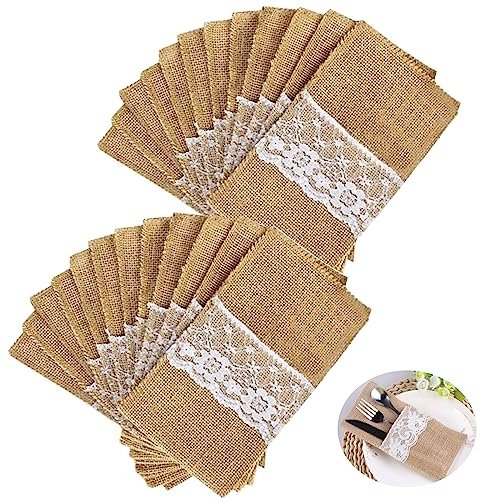 Vusddy 24 Stück Jute Bestecktaschen, Sackleinen Spitze Besteckbeutel, Hochzeitstasche, Vintage Taufe Ländliche Tischdekoration