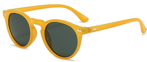 YAMEIZE Lunettes de Soleil Polarisées Ronde-Ovale Rétro Vintage Teintée Lunettes Mode Classique pour hommes Femmes Protection UV 400 Jaune Vert
