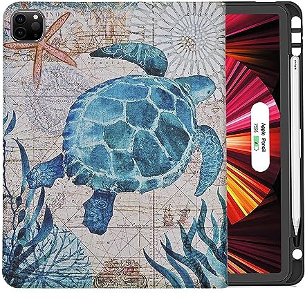 Case for iPad Air 13 Inch M3 2025, iPad Pro 12.9 Inch (6th/5th/4th Generation, 2022/2021/2020), PU Leather Folding Stand Shell TPU Cover with Pencil Charging, Auto Sleep/Wake, Sea Turtle