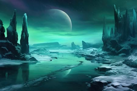 adrium Poster-Bild 120 x 80 cm: Eislandschaft mit gefrorenen Geysiren und Polarlichtern, erstellt mit generativer KI (211445712)