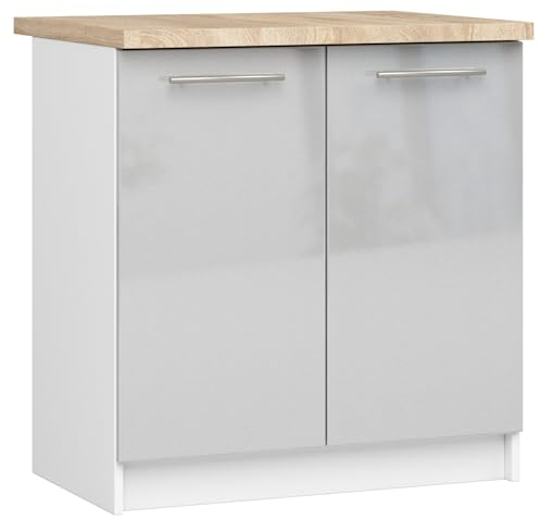 AKORD | Küchenschrank mit Arbeitsplatte - Oliwia S80 | Küchenunterschrank mit 2 Türen und 2 Einlegeböden | Unterschrank Küche 80 cm Breit | ABS-Kante 18 mm | 46 x 80 x 85 cm | Weiß | Metallic-Glanz