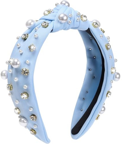 WantGor Pearl Knotted Headband, Women Rhinestone Embellished Hairband Elegant Wide Top Knot Bride Headbands Headpieces Party Fashion Elegant Ladies Hair Band Hair Hoop Accessories (Light Blue)