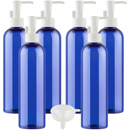 LusDoly 6 pièces 250ml Bleu Vide Bouteille Plastique avec Blanc Pompe Cosmétique Bouteille pour Lotion De Cosmétique Lotion Le shampooing