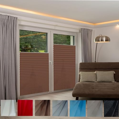 Klemmfix Plissee Ohne Bohren 45 x 60 cm Sonnenschutz und Sichtschutz lichtdurchlässig Plissee Klemmfix Faltrollo mit Klemmträger für Fenster und Tür, Braun