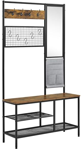 Yaheetech Großer Garderobenständer Kleiderständer mit Haken, Spiegel, Schuhregal und Sitzbank Garderobe mit Gitterwand für Flur/Schlafzimmer, 35 x 100 x 180,5 cm