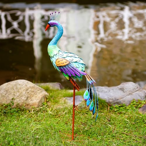 Yeomoo Metall Pfau Skulptur Groß Figuren Deko für Wohnzimmer Garten: Pfau mit Glänzender Schwanz Gartendeko Draußen Geschenke für Frauen Mama Geburtstag Wetterfest Vogel Deko Zimmer Flur Terrasse 85CM