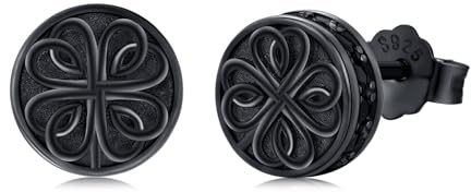 Schwarze Silber Ohrringe - 925 Sterling, Vierblattklee Design, Keltischer Irischer Knoten, Glücksschmuck für Männer & Frauen - Geschenk für Geburtstage