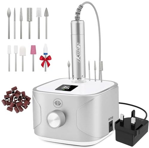 Kredioo Nail Drill 35,000RPM, Electric Nail File for Acrylic and Gel Nails, Professional Nail Drill Machine, Manicure Pedicure Kit with 11 Bits, LCD Display, Touch Button (Silver)