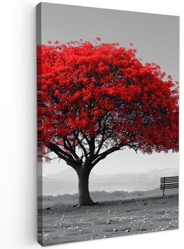 MuchoWow© Leinwand Bilder 60x90 cm Wanddeko Wohnzimmer Aesthetic Room Decor Deko Zimmer Wandbilder Modern Bild auf Leinwand Baum - Rot - Natur - Schwarz und Weiß