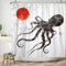 ASDCXZ Oktopus Duschvorhang 240x180 cm, Chinesische Tintenmalerei Schwarz Oktopus Rot Sonne Bambus Bad Waschbar Duschvorhänge Polyester Textil Wasserdicht Duschvorhang für Badewanne mit 12 Haken