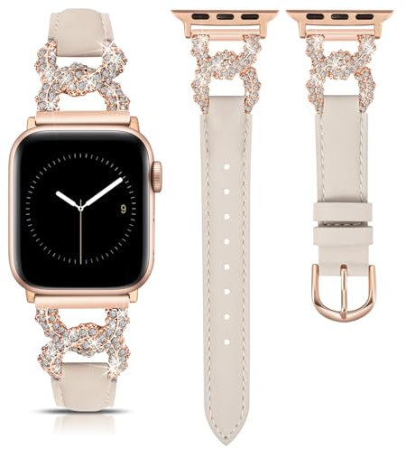 TOYOUTHS Leather Strap Compatible with Apple Watch Straps 41mm 40mm 38mm 42mm Women, Dressy Designer Diamond Interlock Buckle Thin Leather Strap for iWatch 10/9/8/7/6/5/4/3/SE, Starlight/Rose Gold