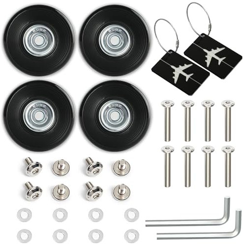 ZOCONE 4 Stück Koffer Rollen Ersatz, Kofferrollen Ersatzrollen, 50mm x 18mm Ersatzrollen für Koffer Ersatzrollen Koffer, Mit 2 Kofferanhänger Langlebige Schwarze Gepäckräder