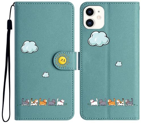 Niedlich und Schöne Geldbörse Handyhülle für iPhone 12 Mini, Nette Katzen Muster Haltbares PU+TPU Leder mit Prämie Magnetisch Schließung Flip Telefon Hülle für iPhone 12Mini(Grün)
