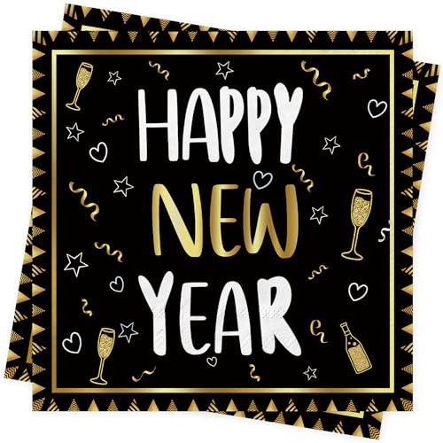 Silvester Servietten Happy New Year Papierservietten 80Stück Neujahr Servietten Silvester Deko Tischdeko Schwarz Gold Servietten für Neujahr Party Dekoration New Years Eve Napkins