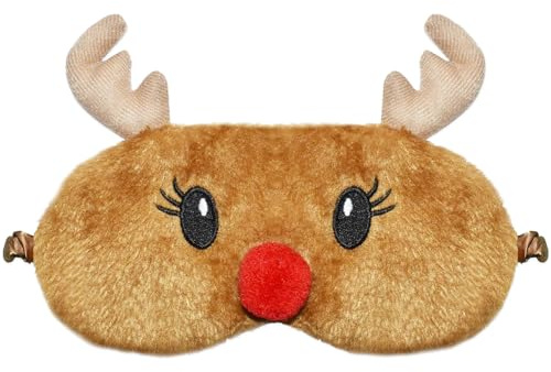 Weihnachten Rentier Schlafmaske, 3D Süße Weiche Plüsch Schlafmaske Cartoon Augenmaske Lustig, Kinder Schlafmaske Rentier Schlafmaske Weihnachten für Nacht Nickerchen Reisen Kinder Mädchen Frauen (B)