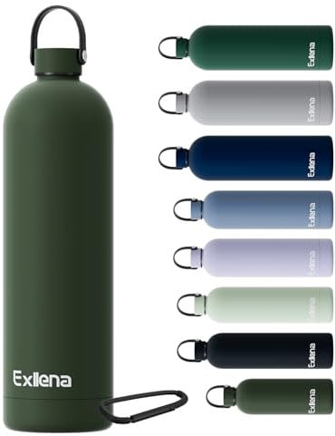 Exllena Gourde Isotherme 1.5l avec Poignée Pratique - Bouteille Isotherme avec 24 Heures de Conservation au 24h Froid/12h Chaud, Revêtement Anti-Dérapant - Étanche Sans BPA (Vert Varech)