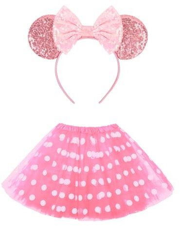 NebulaGlam Minnie Costume Ragazza, Costume da Topo, Rosa Tutù di Minnie + Fascia per Orecchie da Topo, per Costume Carnevale Festa di Compleanno Costume Halloween per Ragazze Bambini