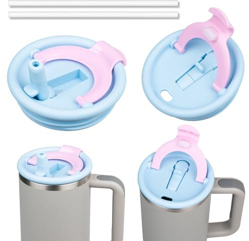 2 Pack 40oz Tumbler Flip Straw Lid With Dual Drinking Outlets Compatible With Stanley Cup Quencher - Leak Proof Replacement Lid Tumbler Accessories (Light Blue)