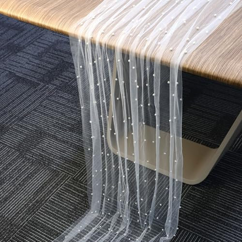 Tischläufer Tüll mit Perlen, 300x90cm Tischdecke aus Perlenspitze Weich Stoff aus Perlentüll Tischdekoration für Brautparty Geburtstagsfeier Hochzeitsbogen (Weiß)