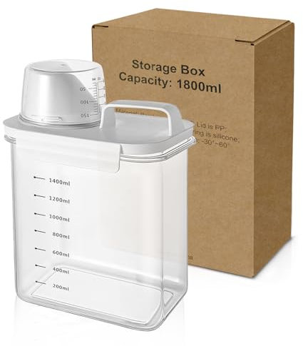 MOVYEE Dispensador de Detergente con Vaso Medidor,Dosificador Detergente Lavadora,Caja Almacenamiento de Detergente en Polvo,Recipiente para Alimentos (1800ml)