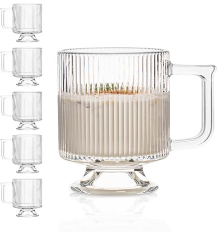 INSETLAN Glass Coffee Mug Set of 6, 295 ml Vertical Striped Glasses with Handle and Base, Ribbed Glass Coffee Mug, Clear Tea Cups, Perfect for Cappuccino,Latte,Tea,Desserts