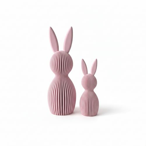 Generisch Scandi Osterhase 3D Deko – Minimalistische Osterdekoration im skandinavischen Design – Gerippte Oberfläche – Moderne Frühlingsdeko 3D-Druck – Set aus Klein 11 cm und Groß 16 cm (rosa)