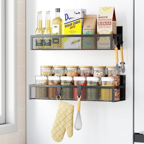 Miyawell Magnetic Spice Rack for Refrigerator, 2 Pack Magnetic Shelf, Fridge Organizer Shelves with Moveable 4 Hooks Racks for Kitchen Organization and Storage, Metal&Black
