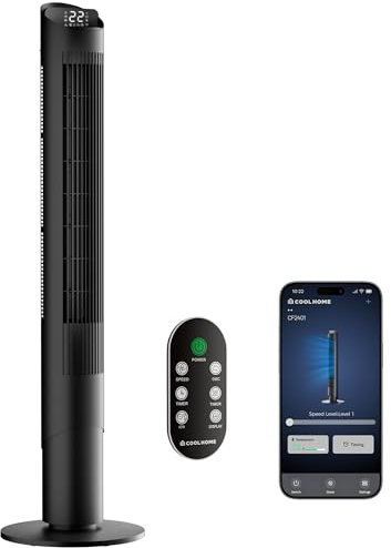CoolHome CF2402 Turmventilator mit Fernbedienung, App - Leiser Standventilator mit Timer, LED - Ventilator kindersicher für Schlafzimmer - Quiet Tower Fan with Remote - Schwarz - 116 cm