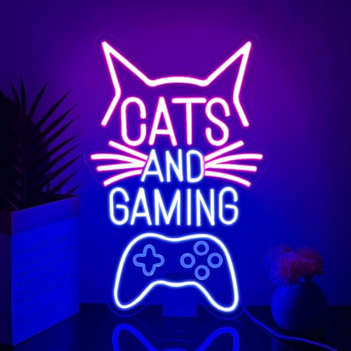 RuCvixkt Cats and Gaming Neon Schild Gaming Cat Neon Lichtschilder für Spielzimmer Wanddekoration, Cool Gamer Lichter für Schlafzimmer Art Decor, LED USB Power Lichtschild für Kinder Jungen und Mädche