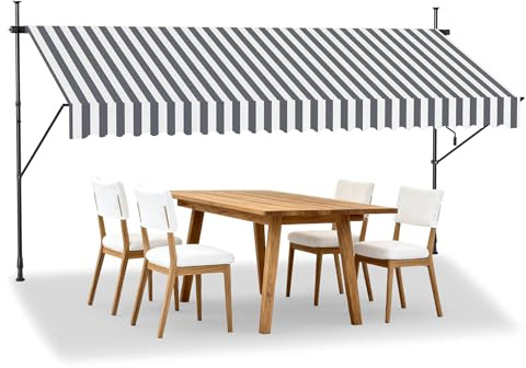 HENGMEI Klemmmarkise Balkon Markise Einziehbar Balkonmarkise Sonnenschutz ohne Bohren höhenverstellbar (300 x 120 cm, Graue und Weiße Streifen)