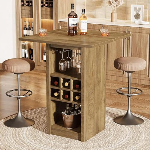 Tribesigns 80 cm Quadratischer Bartisch, 4-stufige Hausbar aus Holz, Bartisch mit Glashaltern, Weinregalen und Ablageflächen, Stehtisch für Küche, Bistro, Keller, Braun