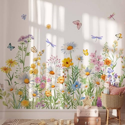 FUFUQUARE Wandtattoo Garten Blumen Wandaufkleber Wildblumen Bunt Blume Schmetterling Wasserfarben Wandsticker Wanddeko für Schlafzimmer Wohnzimmer Kinderzimmer