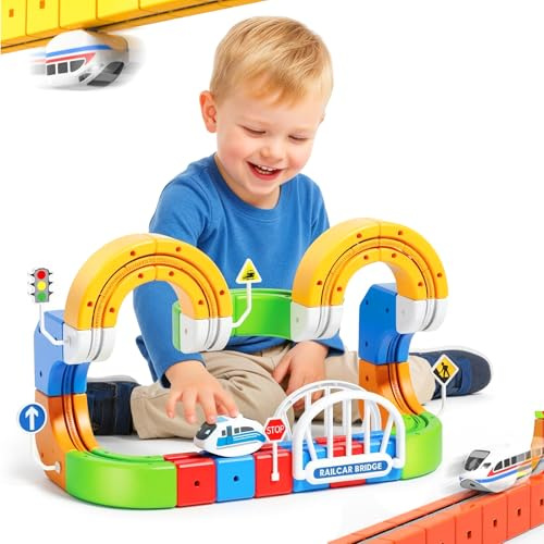 95 Stück Eisenbahn Kinder Elektrisch, Cube 3D DIY Zugstrecken-Set mit Schwerkraft Defying 3D-Layouts Magnet Motorisiertem Zug Cube Track Verkehrszeichen für Kinder ab 3 Jahren, Geschenke für kinders