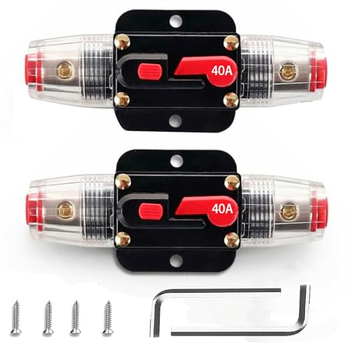 Voltix Interruttore Automatico 40A, Fusibile Ripristinabile 12V-24V DC per Auto, Barca, Camper e Sistema Audio, Portafusibili In-linea con Ripristino Manuale, Protezione da Sovraccarico (2, 40A)