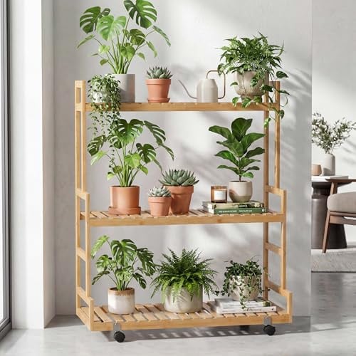 Mendler Bambus Pflanzenregal HWC-Q33 3 Ablagen Rollen 105x90x38cm - Natur | Blumentreppe, Blumenständer, Pflanzentreppe