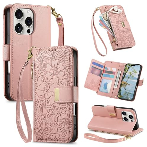 VEEMOS Phone Case for Apple iPhone 13 Pro Max Case with Zip Wallet Purse Card Holder Slot Embossed Flower Design Folding Flip Cover Leather Stand Lanyard Wrist Strap Women - Pink