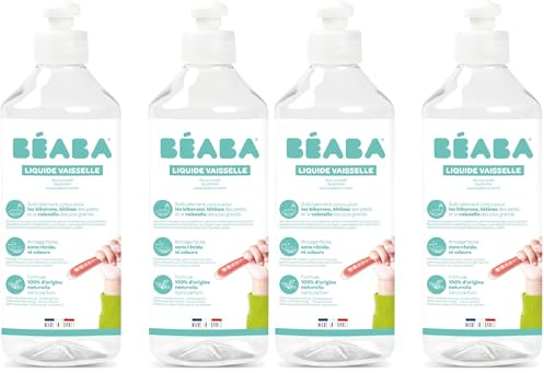 BÉABA, Liquide Vaisselle pour Biberons et Accessoires Repas, 100% d'Origine Naturelle, Made in France, Sans Parfum, Flacons 100% Lot de 4x500 ml