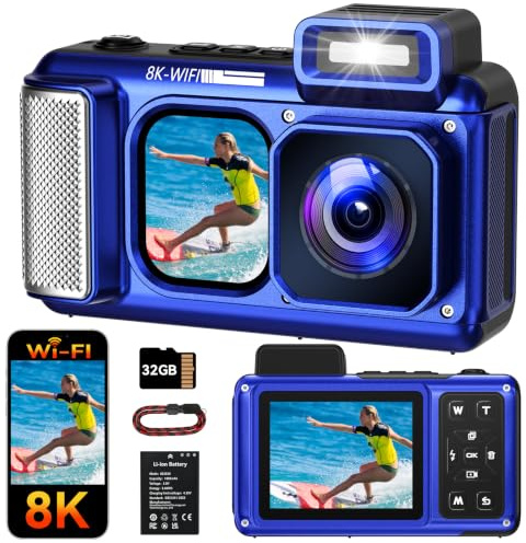 Maxmango V08 Pro 49FT Appareil Photo Etanche Numérique - 8K 90MP WiFi Camera Etanche，Écran Tactile de 2,8 Pouces, Résistant à la Poussière et Aux Chocs, Adapté à la Plongée en Apnée, Bleu