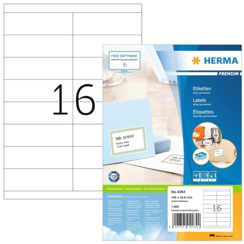 HERMA 4264 Adressetiketten, 100 Blatt, 105 x 33,8 mm, 16 pro A4 Bogen, 1600 Stück, selbstklebend, bedruckbar, matt, blanko Papier Adressaufkleber Etiketten, weiß