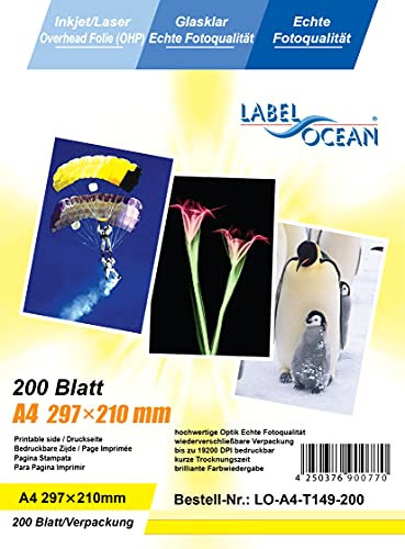 200 Blatt A4 Overheadfolie (OHP Transparentfolie Transparentpapier) für Inkjetdrucker, schwarz/weiss Laserdrucker und Farblaserducker