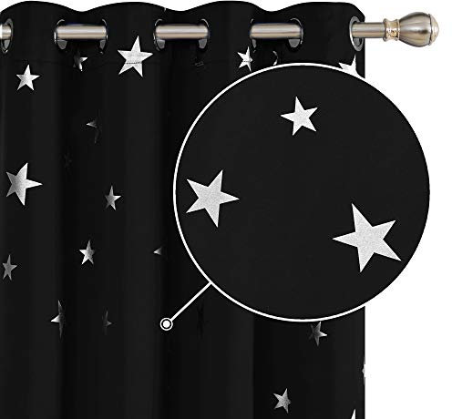 Deconovo Home Decoration Star Foil Printed Blackout Curtains Energy Saving Thermal Insulated Eyelet Room Darkening Curtains for Doors 66 x 54 Inch Black 2 Panels