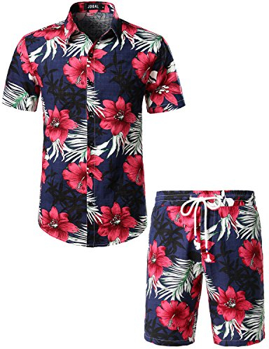 JOGAL Herren Blumen Kurzarm Baumwolle Hawaii Hemd Shorts Set Large Navy