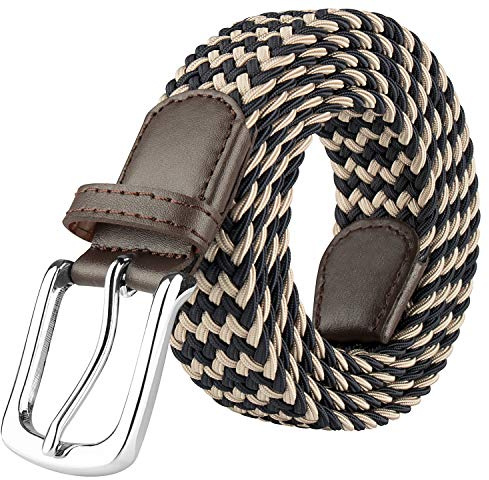 JUKMO Elastic Braided Belt, Stretch Woven Belt in Gift Box, Dark Blue/Khaki, Large (for waist 36-39)
