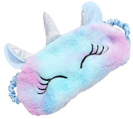 FORLADY masque de sommeil dames licorne masque en peluche dessin animé ombrelle parasol ombre à paupières enfants adultes en peluche (licorne colorée-bleu clair)
