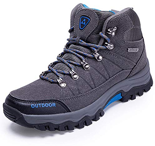 Stivali da uomo a vita alta, antiscivolo, da trekking, con lacci, per tutte le stagioni, passeggiate, viaggi, escursioni, campeggio, trekking, ciclismo, Grigio, 45 1/3 EU