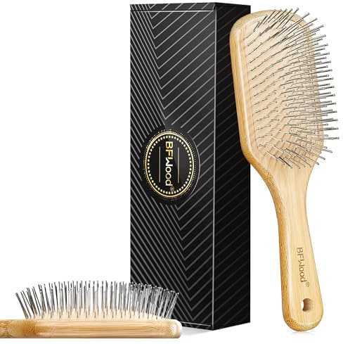 BFWood Bamboo Hair Brush with Steel Bristles, Metal Hair Brush