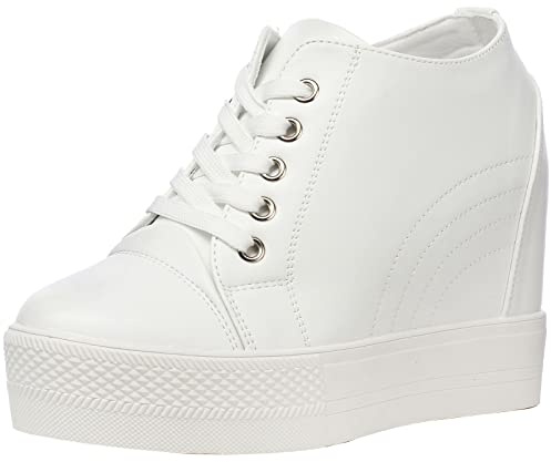 wealsex Kvinnors kompenserade sneakers PU-läder mesh spets sneaker, 11 cm vit, 35 EU