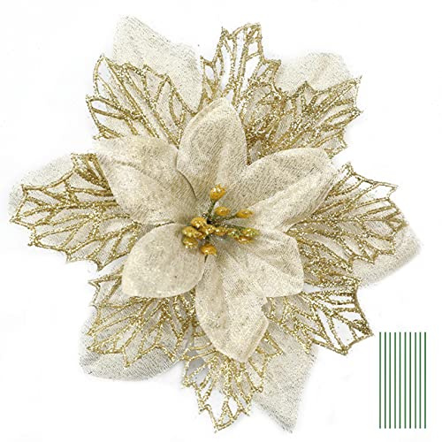 Yueshop 10PCS Artificial Flowers Christmas Glitter Artificial Three Layer Christmas Flowers Floral Accessories for Christmas Tree Ornaments Xmas Garland Wreath DIY Decorations (Gold)