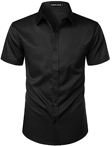 PARKLEES Mens Casual Urban Stylish Slim Fit Short Sleeve Button Up Dress Shirt with Pocket ZLSC15 Black XL