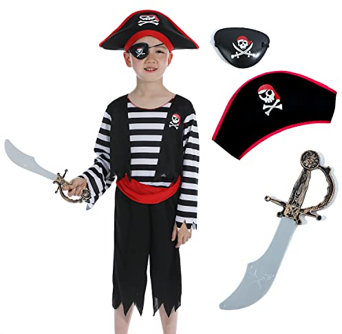 Sincere Party Children's Pirate Costume with Hat,Sword,Eyepatch for Unisex Kids 4-6years